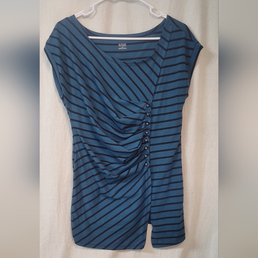 A.N.A Blouse, Womens Large Striped Tunic top, Pleated Miltary Preppy